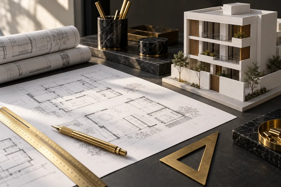 Imagen referencial de planos arquitectónicos y maqueta
